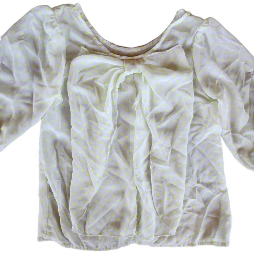 Route 66 girls M 7-8 cream neon green polka dot blouse bow tie scoop back
